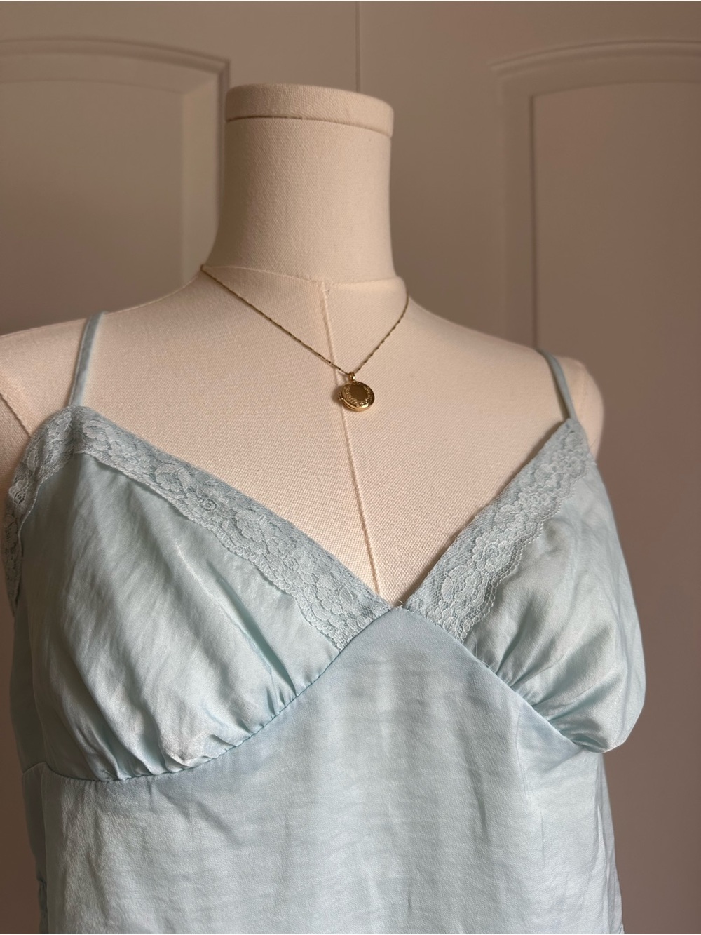 Light Blue Satin Lace Trim Slip Top
